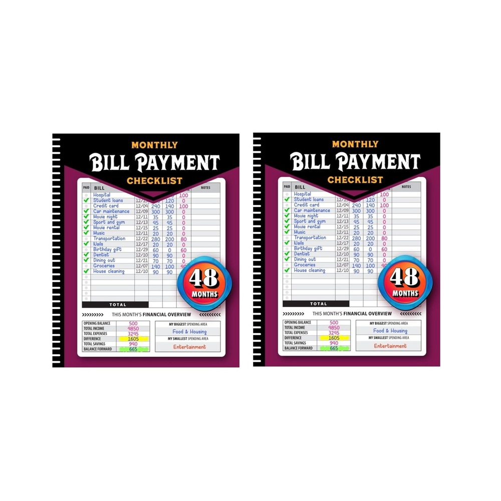 Set of 2 Monthly Bill Payment Checklist: Bill Tracker Notebook, The 4-Year Guide